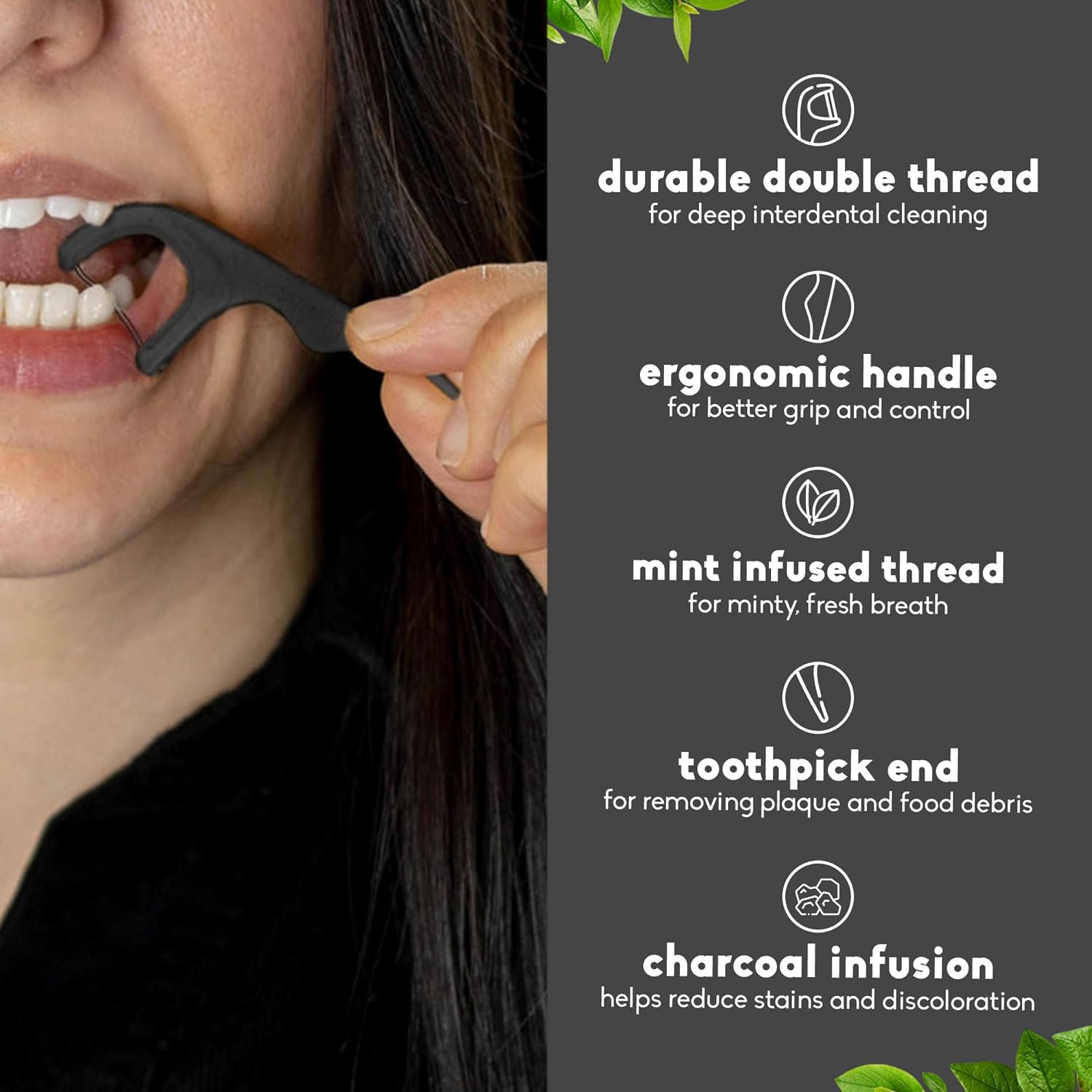 デンタルフロスピック ダブルスレッド チャコール 200本  - Dental Floss Picks のレビューと価格